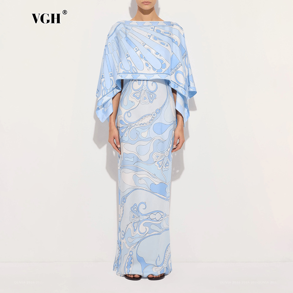 Women Formal Wear For Summer - ชุดเซ็ตสองชิ้นลายพิมพ์นามธรรมสีฟ้าอ่อน VGH สำหรับผู้หญิง ชุดเดรสเข้ารูปพร้อมเสื้อคลุมคอวีทรงหลวมสำหรับงานแต่งงาน งานกาล่า