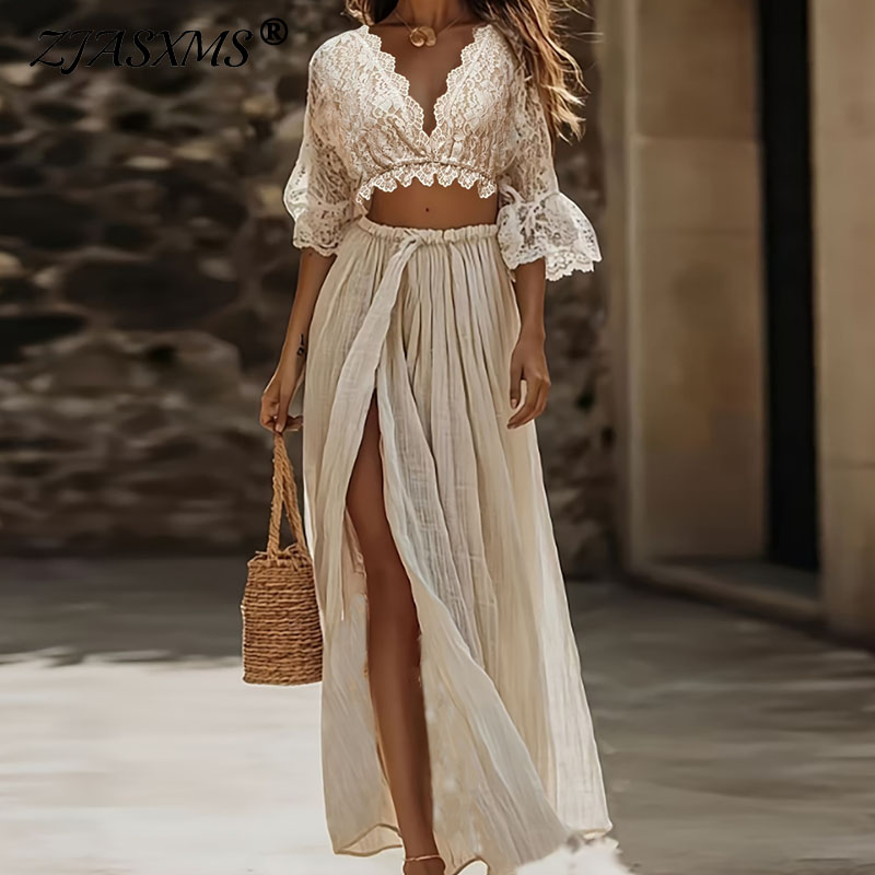 Formal Attire Woman - ชุดเซ็ตสองชิ้นสไตล์โบฮีเมียนสำหรับผู้หญิง เสื้อครอปคอวีลึกเซ็กซี่+กระโปรงแม็กซี่ผ่าสูงเอวสูง ชุดเที่ยวพักผ่อน แขนบาน แต่งลายฉลุ