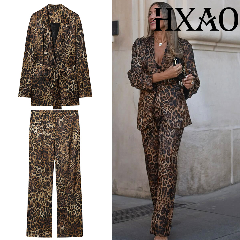 Formal Attire Woman - ชุดเซ็ตเสื้อผ้าลายเสือดาว HXAO ชุดเซ็ต 2 ชิ้น เสื้อเบลเซอร์ยาวสไตล์วินเทจ