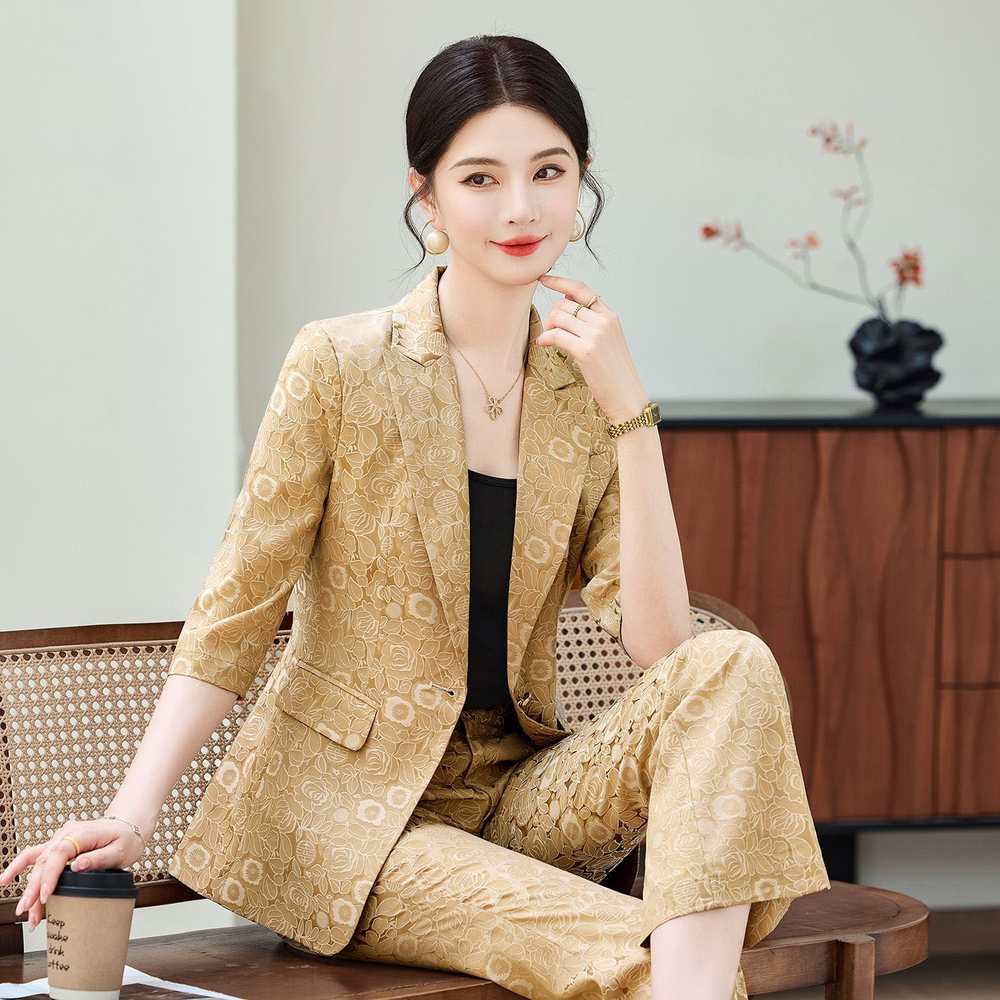 Women'S Elegant Formal Wear - แฟชั่นชุดสูทมืออาชีพสีแอพริคอท แขนครึ่งตัว สำหรับผู้หญิง รุ่นใหม่ 2026 ฤดูร้อน