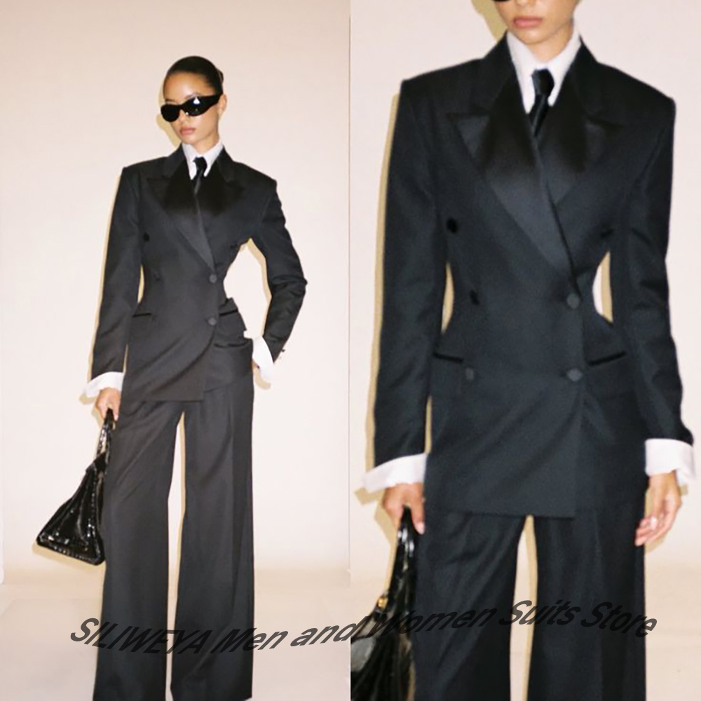 Women'S Elegant Formal Wear - ชุดสูทผู้หญิงสีดำแบบกระดุมสองแถว ทรงเข้ารูป แจ็คเก็ต+กางเกง ชุดทักซิโด้สำหรับงานทางการ ชุดทำงานสุภาพสตรี ชุดออกงานกลางคืน