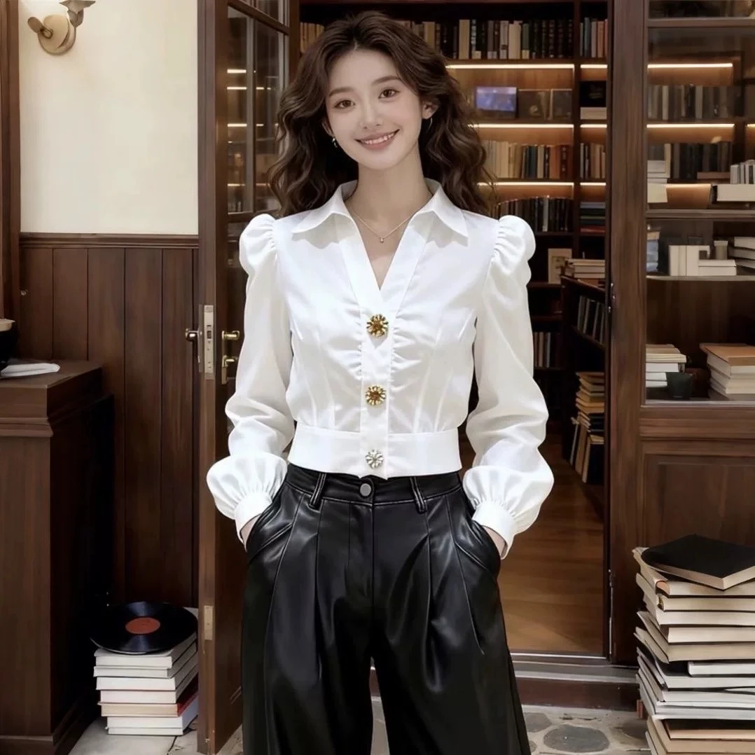 Women Formal Wear White Shirt - เสื้อเชิ้ตสีขาวทรงสวย คอวี แขนยาวพอง ติดกระดุม สำหรับผู้หญิง เสื้อครอปสั้น