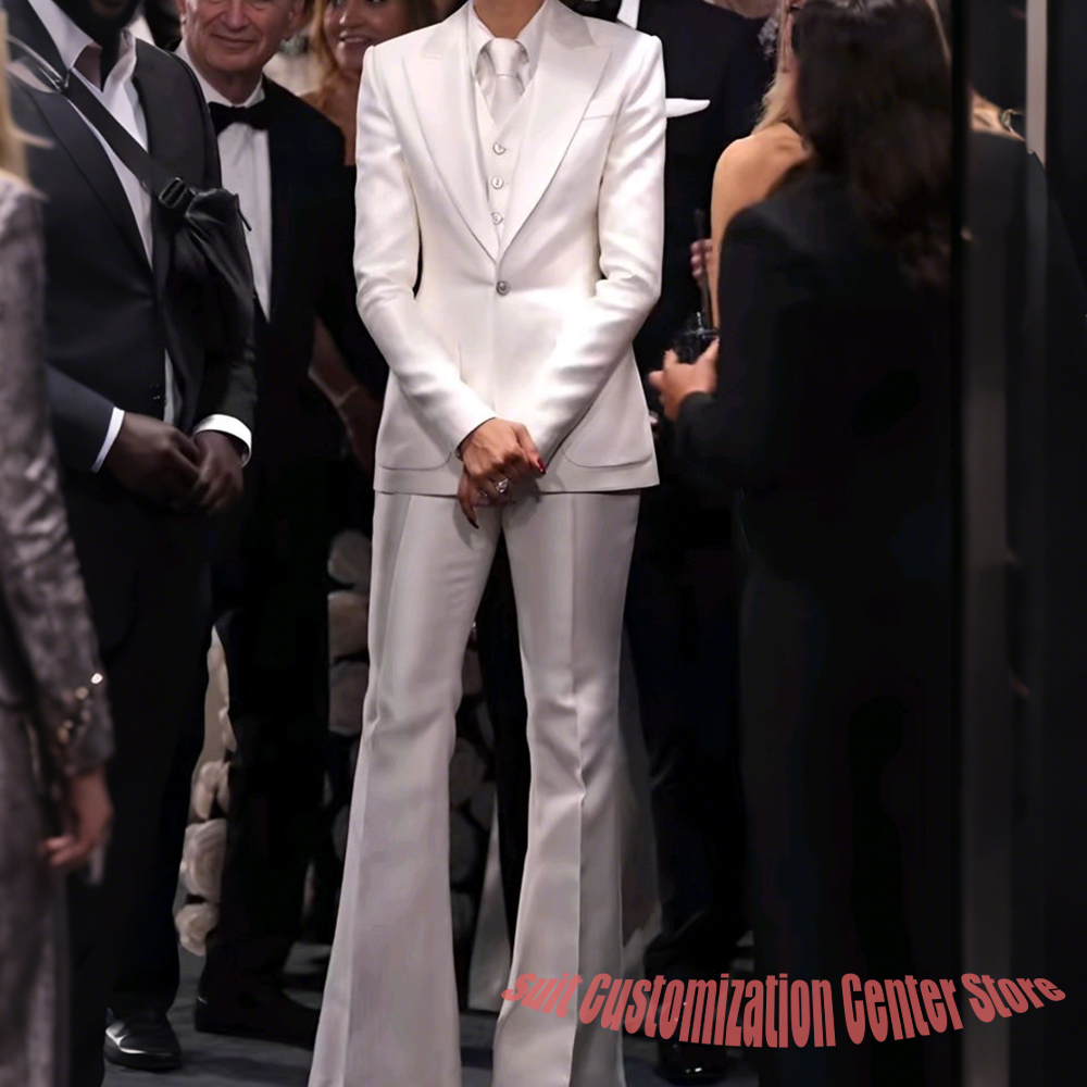 Women Formal Wear White Shirt - ชุดสูทผ้าซาตินสีขาวสำหรับผู้หญิง ทรงเข้ารูป แจ็คเก็ต+เสื้อกั๊ก+กางเกง ชุดออกงานสามชิ้นสำหรับงานพรอม งานเลี้ยงกลางคืนสุดหรู