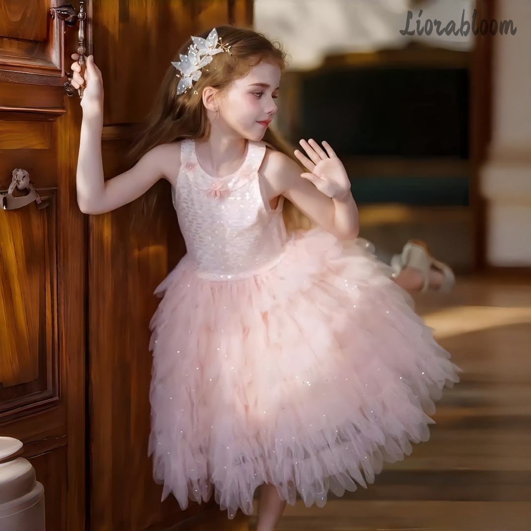 Formal Attire Woman - ชุดเดรสเด็กผู้หญิงสีชมพูแบบผูกคอ ปักลายดอกไม้ ผ้าตาข่าย แต่งดอกไม้ ชุดราตรีทรงพองหลายชั้น ชุดงานเลี้ยงทรงบาน