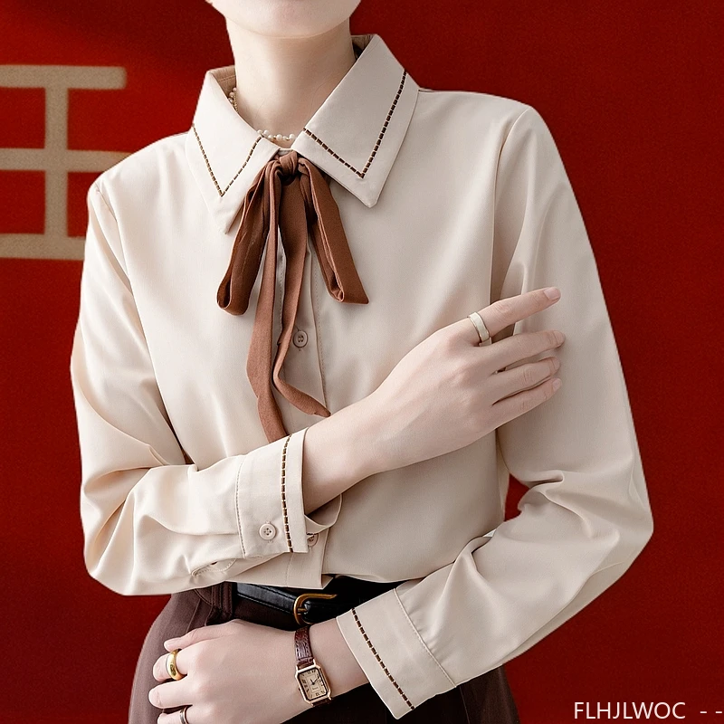 Women Formal Wear White Shirt - Bow Tie ฤดูใบไม้ผลิอย่างเป็นทางการ Basic Office Lady