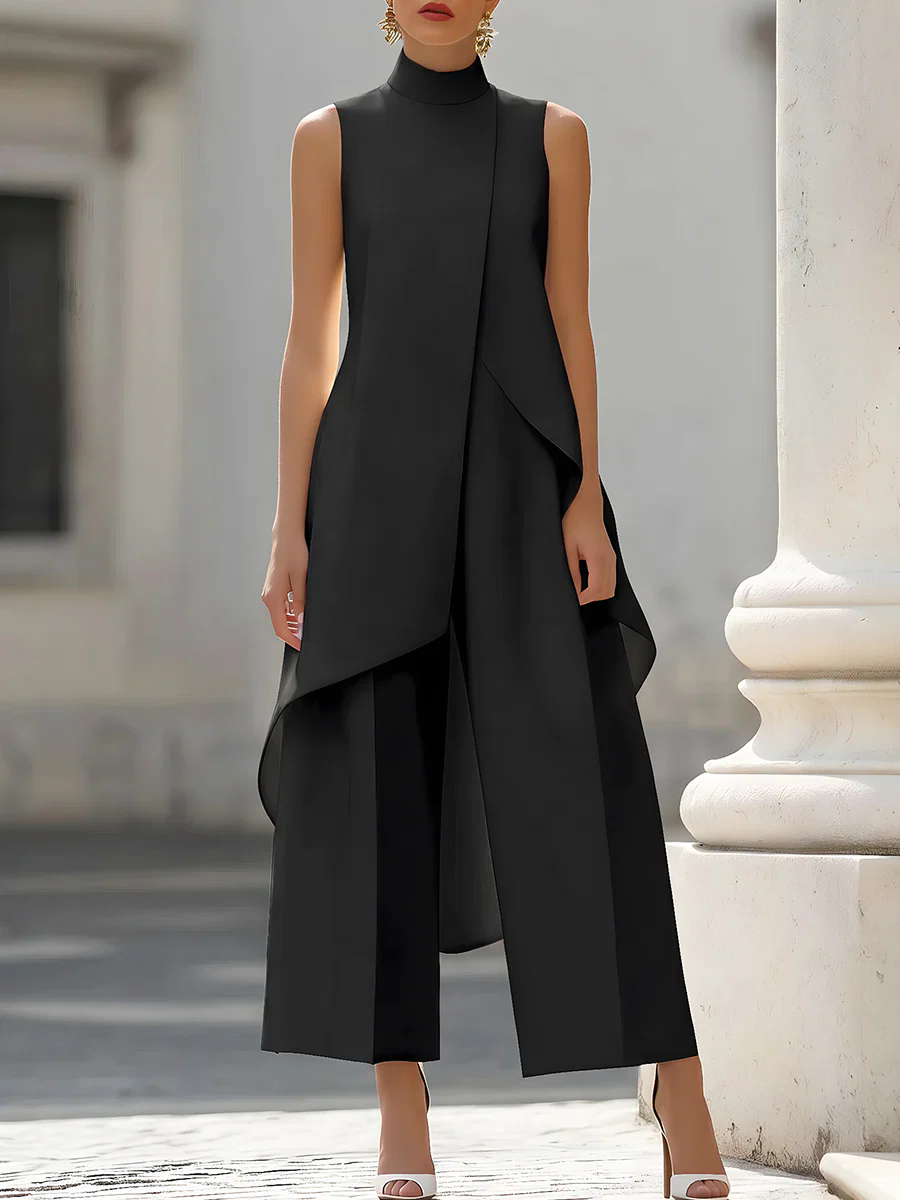 Women'S Elegant Formal Wear - จั๊มสูทแขนกุดคอสูงทรงเอ-ไลน์แบบเลเยอร์ ขากว้าง สำหรับผู้หญิง สวมใส่ได้ทั้งงานทางการและงานกลางคืนอย่างสง่างาม