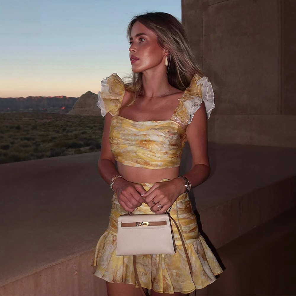 Women Formal Wear For Summer - 2025 ใหม่จีบสั้น Splicing ด้านบน A-Line กระโปรงกระโปรงมินิกระโปรงผู้หญิงชุดเซ็กซี่พิมพ์ผู้หญิงฤดูร้อนชุด