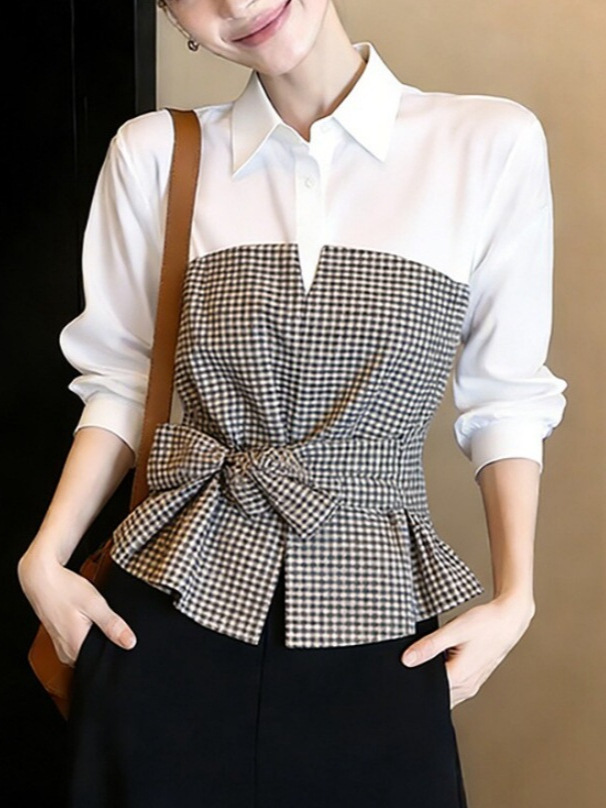 Women Formal Wear White Shirt - เสื้อเชิ้ตผ้ากิงแฮมสีขาวดำแบบใหม่ แต่งผ้าปะติดปะต่อ คอปก แขนยาว ผูกโบว์ที่เอว ทรงเปปลัม