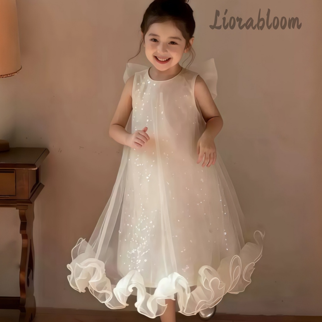Formal Attire Woman - ชุดเดรสเด็กผู้หญิงแบบเป็นทางการ ผ้าทูลล์วิบวับ สีขาว ประดับด้วยกลิตเตอร์ สำหรับงานแต่งงาน งานประกวด