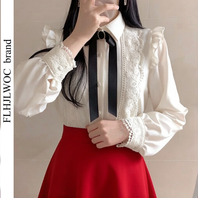 Women Formal Wear White Shirt - Ruffled ฤดูใบไม้ร่วงฤดูใบไม้ผลิ Basic Office Lady ทํางานผู้หญิงเดี่ยวปุ่ม