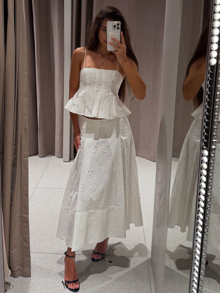 Women Formal Wear For Summer - ชุดสูทปักลายสำหรับผู้หญิง สไตล์หรูหราสำหรับฤดูร้อน เสื้อแขนกุดทรงสายเดี่ยวชายระบายกว้าง + กระโปรงทรงเอพลีทเอวสูงแบบคลุม