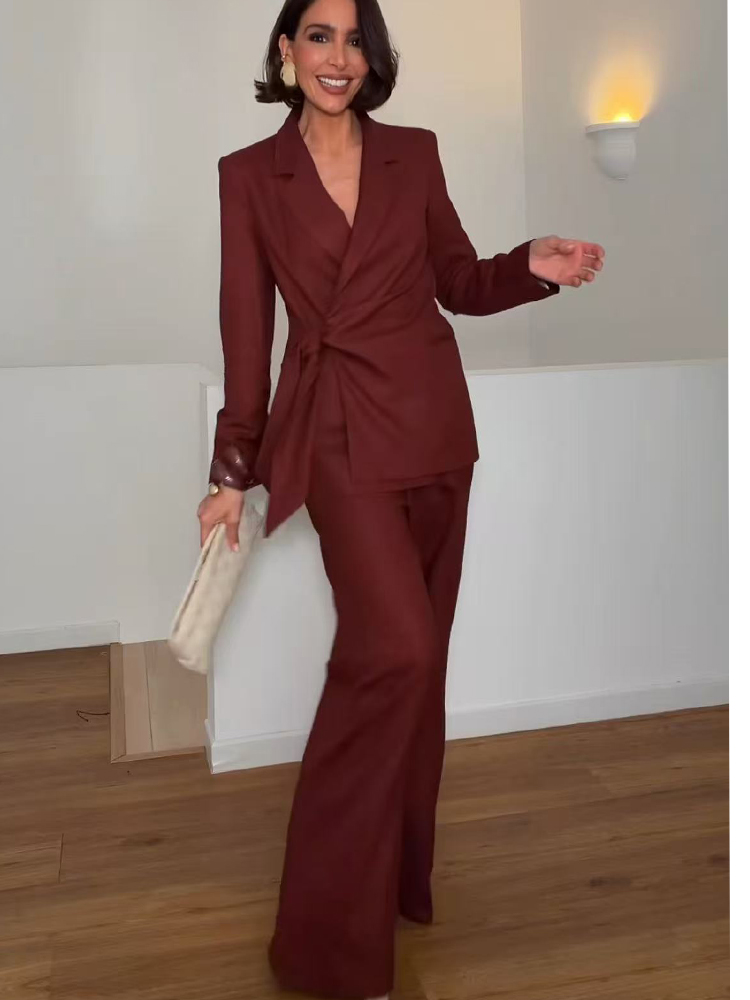 Women'S Elegant Formal Wear - ชุดสูทแฟชั่นสำหรับสุภาพสตรี เสื้อเบลเซอร์ทรงเข้ารูป แต่งเชือกผูก พร้อมกางเกงขายาวทรงตรง สไตล์หรูหรา เหมาะสำหรับใส่ทำงาน
