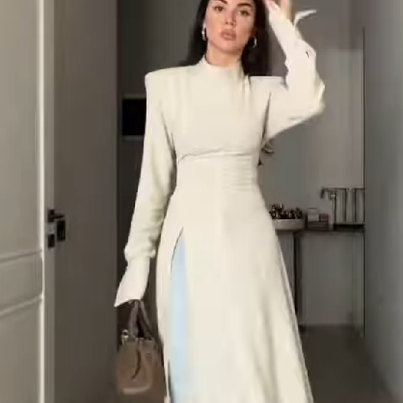 Women'S Elegant Formal Wear - เดรสยาวคอสูงแขนยาวสำหรับผู้หญิง ดีไซน์หรูหรา ช่วยกระชับสัดส่วน พร้อมชายกระโปรงผ่า เหมาะสำหรับออกเดท งานเลี้ยงกลางคืน