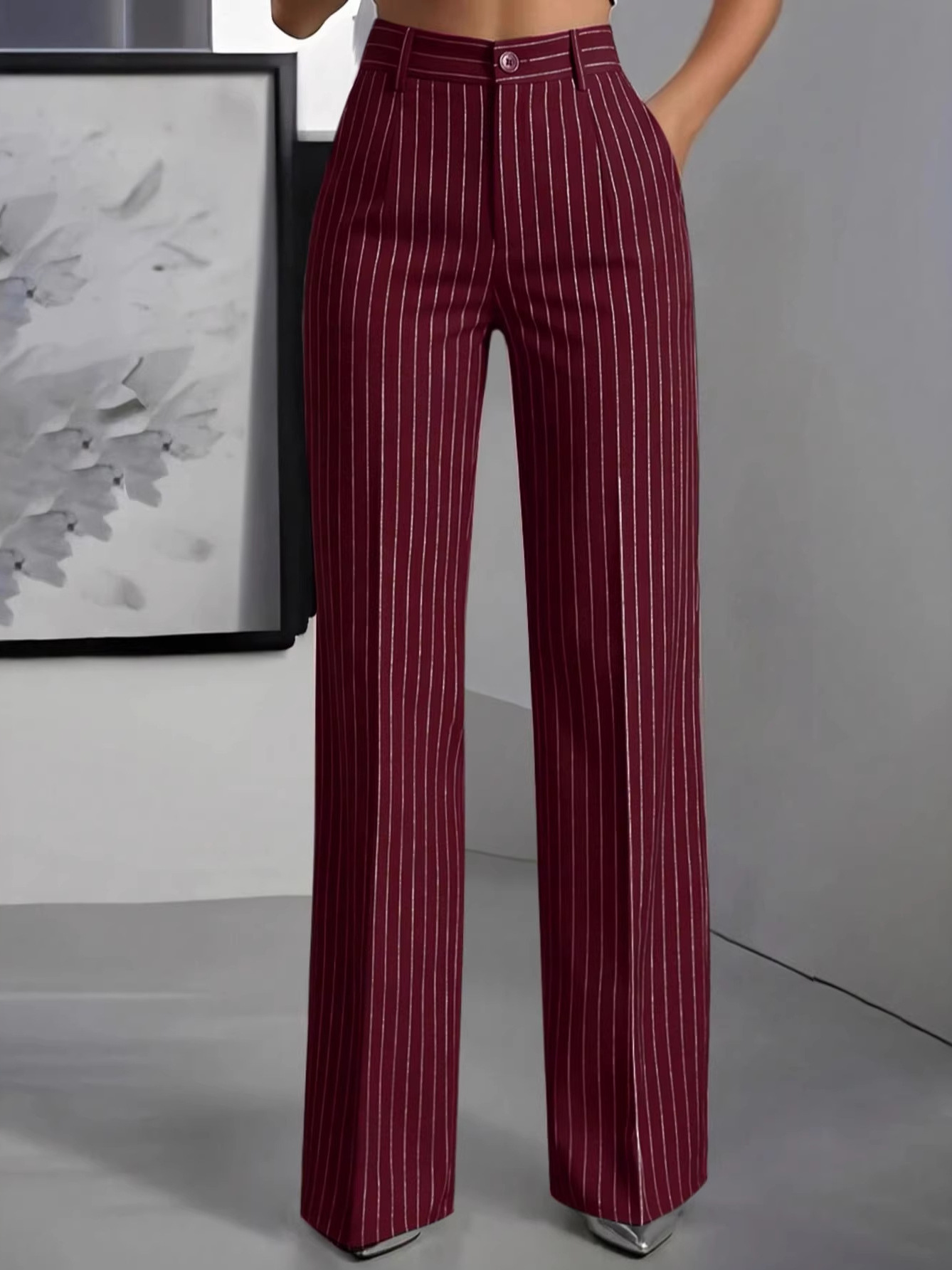 Formal Attire Woman - กางเกงสูทขายาวทรงตรงเอวสูง ดีไซน์เรียบหรู ลายทาง ใส่ได้หลากหลายโอกาส เหมาะสำหรับทำงานและลำลอง