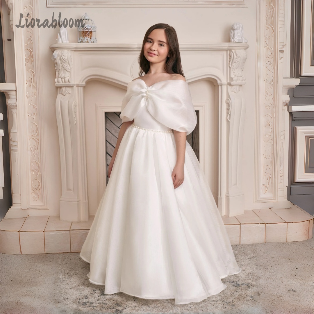 Formal Attire Woman - ชุดเดรสเด็กผู้หญิงแบบสั่งทำพิเศษ ชุดเดรสเปิดไหล่แบบไม่มีสายรัด พร้อมกระโปรงผ้าทูลล์เปิดหลัง ชุดสำหรับงานแต่งงาน