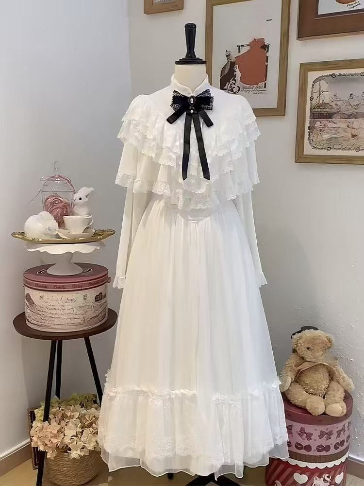 Women'S Elegant Formal Wear - ชุดเดรสลูกไม้แขนสั้นสไตล์ญี่ปุ่น สีขาว กระโปรงยาวทรงเข้ารูป สไตล์หวานๆ ประจำปี 2025