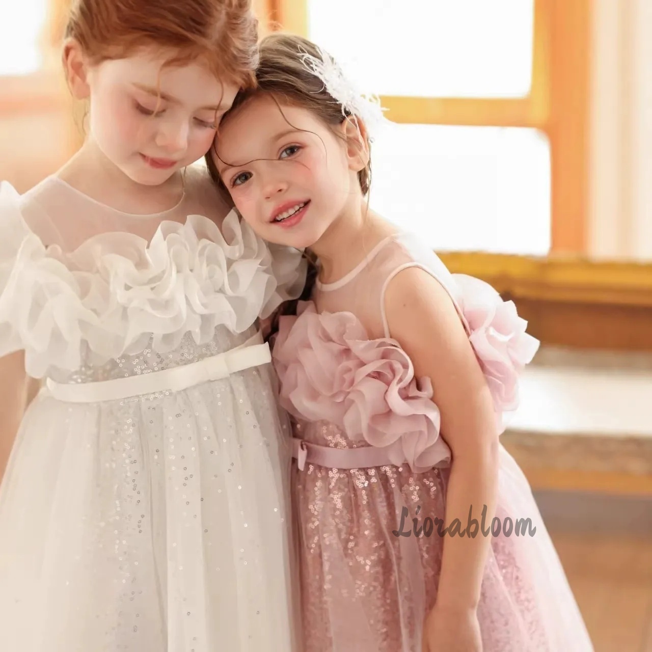 Formal Attire Woman - ชุดเดรสเด็กผู้หญิงสีชมพู ผ้าทูลล์ระบายเป็นลอน กระโปรงบาน แต่งดอกไม้ ประดับเลื่อม ชุดราตรีงานปาร์ตี้