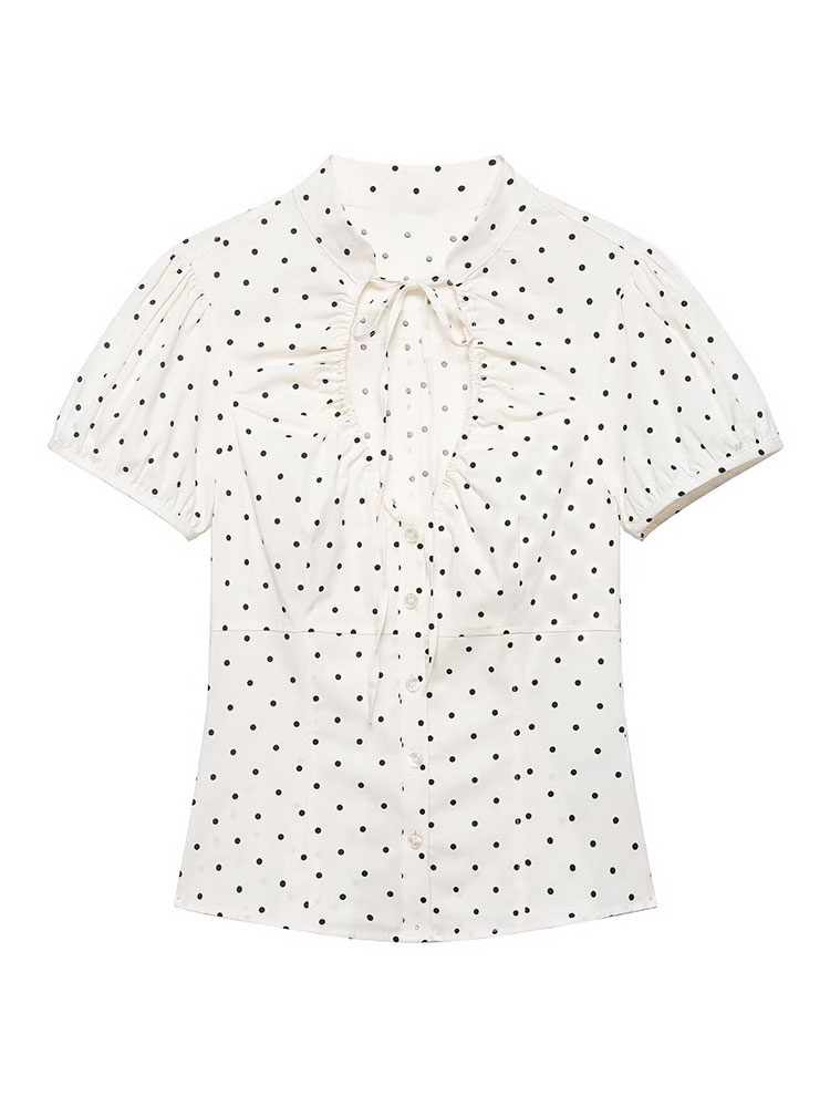 Women Formal Wear White Shirt - เสื้อเชิ้ตวินเทจสไตล์เรโทรสีขาวสำหรับผู้หญิง ลายจุด แขนพอง สไตล์คลาสสิก ใส่ได้ทุกวัน สวยสง่า