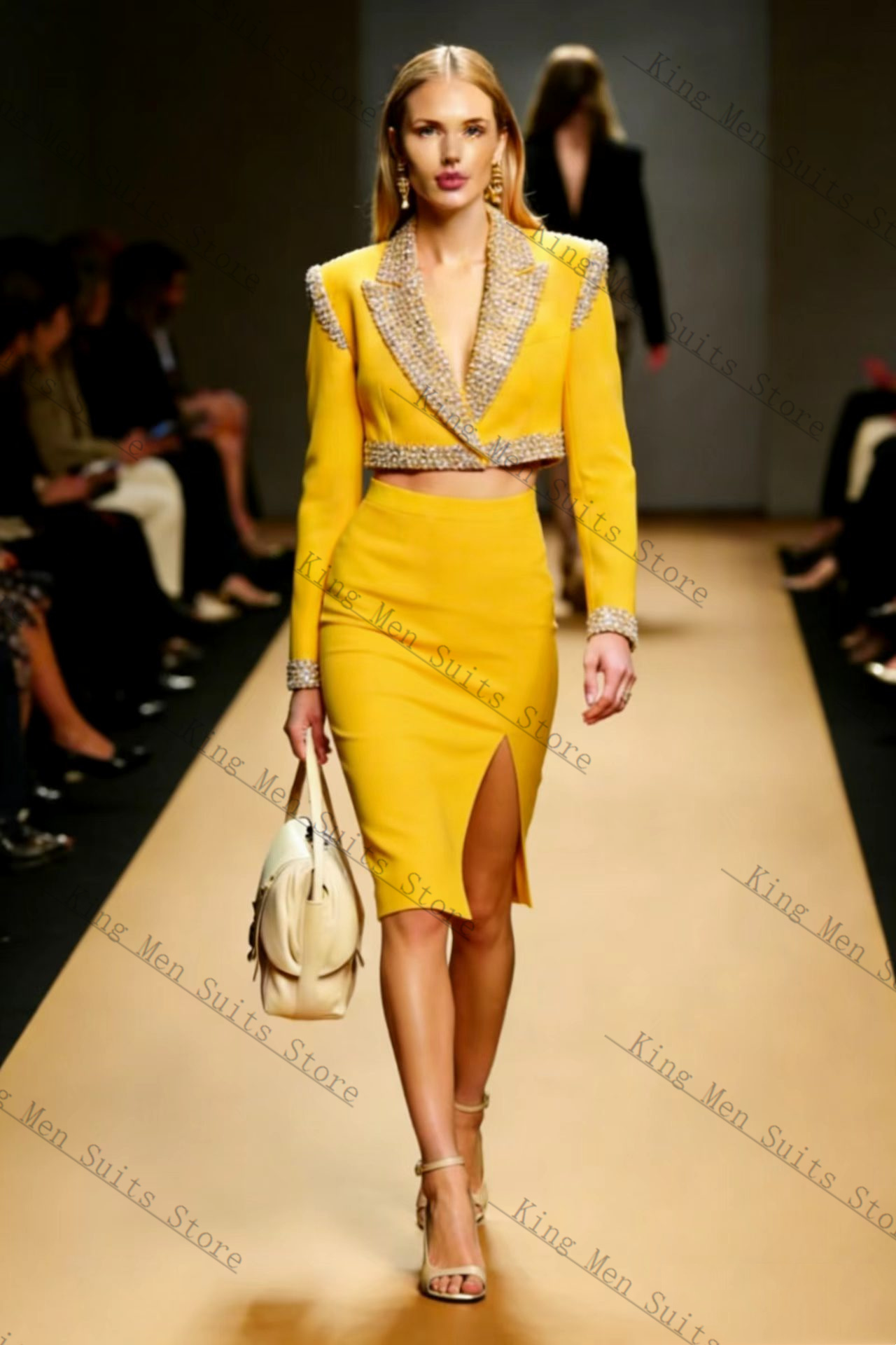 Women Formal Party Wear Dress - ชุดกระโปรงสูทผู้หญิงสีเหลือง 2 ชิ้น เสื้อเบลเซอร์+ชุดราตรี ชุดทักซิโด้สำหรับงานแต่งงาน ชุดออกงาน