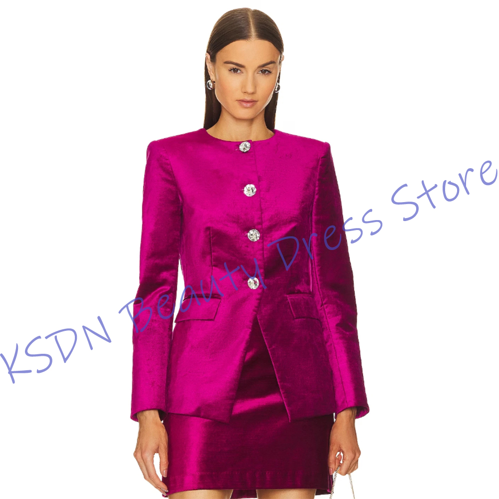 Women'S Elegant Formal Wear - ชุดสูทผู้หญิงแบบกระดุมแถวเดียว สีชมพูสด ผ้าซาติน สองชิ้น (เสื้อแจ็คเก็ต+กระโปรงสั้น) ชุดทำงานสุดหรู