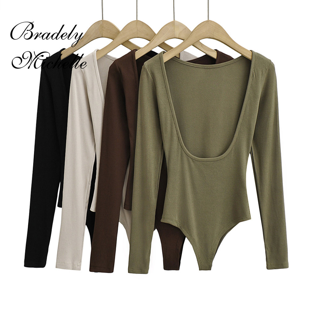 Women'S Formal Wear Jumpsuit - เสื้อผ้าเซ็กซี่ของผู้หญิงแขนยาวสีทึบเสื้อสวมหัวหนึ่งบรรทัดคอเปลือยบอดี้สูทถักJ Umpsuitด้านบน