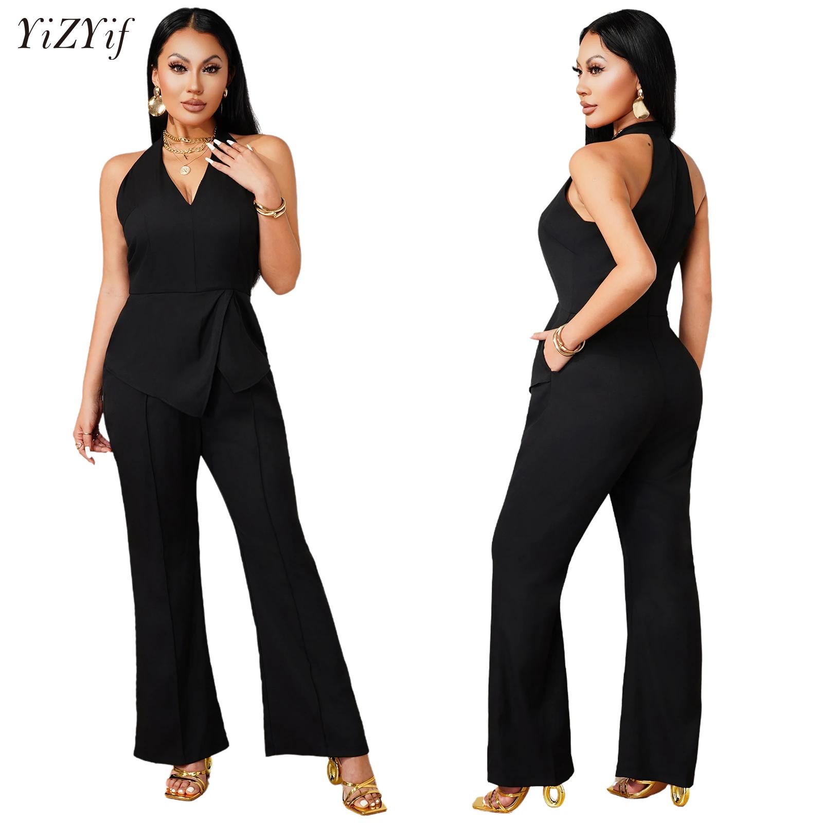 Women'S Elegant Formal Wear - จั๊มสูทคอวีแขนกุดพร้อมดีไซน์ผ้าคลุมแบบไม่สมมาตร ขากว้างทรงคูลอตต์ ชุดบอดี้สูทแบบเลเยอร์ ชุดราตรีหรูหราสำหรับผู้หญิง