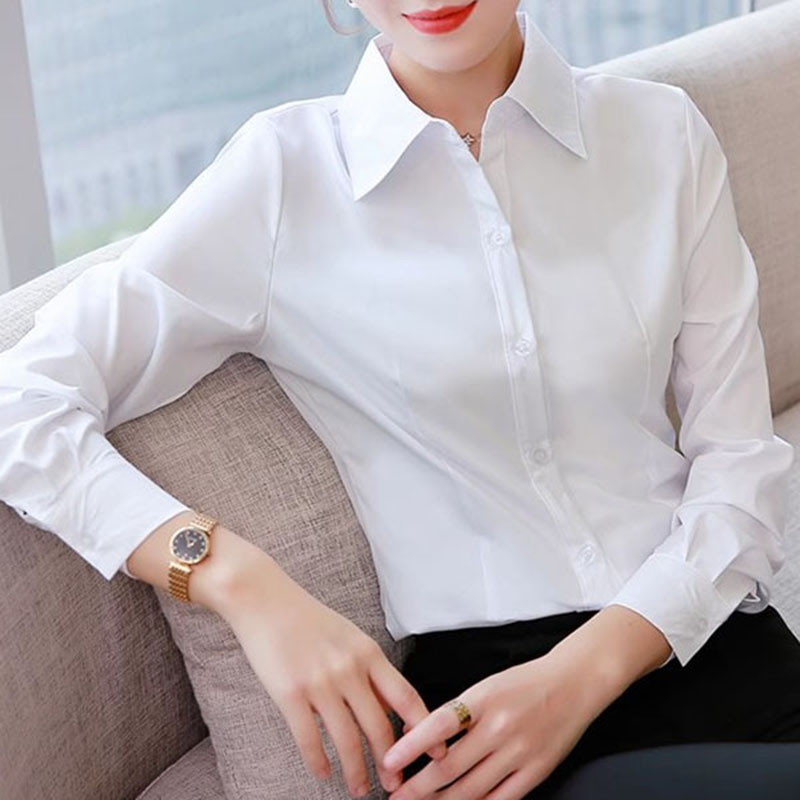 Women Formal Wear White Shirt - เสื้อเชิ้ตผู้หญิงทรงเข้ารูปสีขาวสำหรับใส่ทำงานสไตล์เกาหลี ป้องกันการโป๊ พร้อมกระดุม เรียบง่าย ใส่ได้ทุกวัน เสื้อเชิ้ตลำลอง