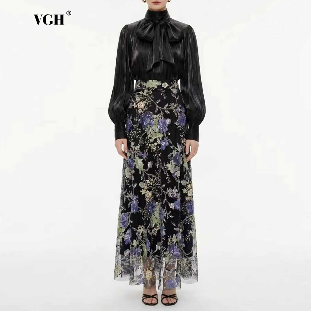 Women'S Elegant Formal Wear - VGH ชุดสองชิ้นลายดอกไม้สีดำหรูหราสำหรับผู้หญิงเสื้อแขนยาวคอผ้าพันคอชุดกระโปรงแม็กซี่เอวสูงสำหรับชุดลำลอง