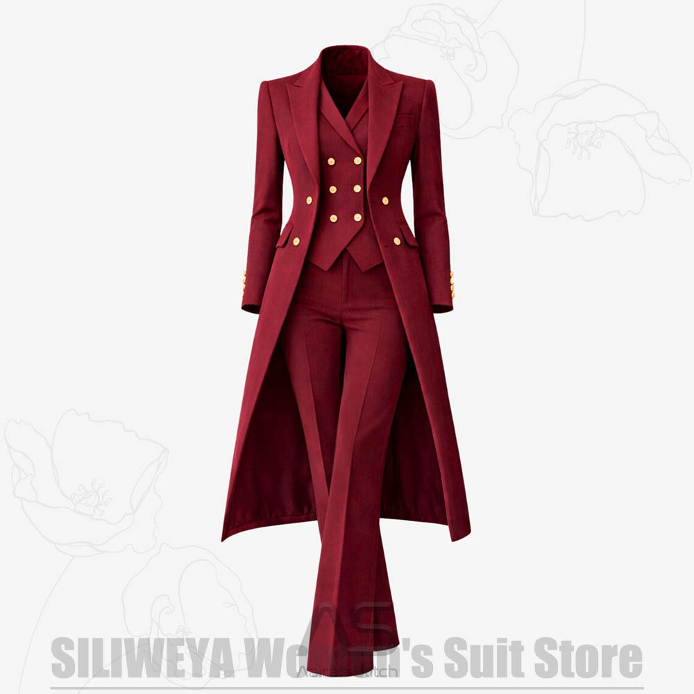 Women'S Elegant Formal Wear - ชุดสูทผู้หญิง 3 ชิ้น แบบกระดุมสองแถว เสื้อโค้ทยาว เสื้อกั๊ก