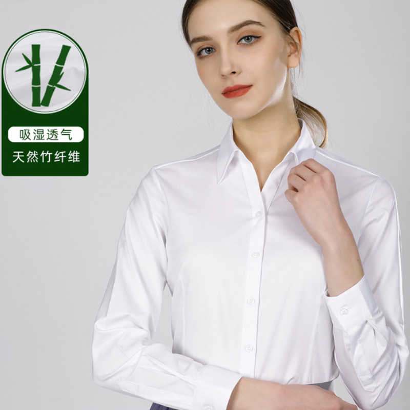 Women Formal Wear White Shirt - เสื้อเชิ้ตผู้หญิงแขนยาว/แขนสั้น ผ้าใยไผ่ รีดง่าย ไม่ยับ สำหรับใส่ทำงาน/ธุรกิจ สีขาว