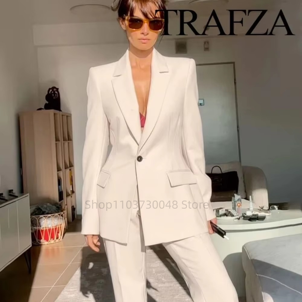Formal Wear Women Us - แฟชั่นชุดสูทสตรีสำหรับออฟฟิศ เสื้อเบลเซอร์และกางเกงขายาว สีขาว/แดง ชุดทำงานสำหรับผู้หญิง ชุดทำงาน 2