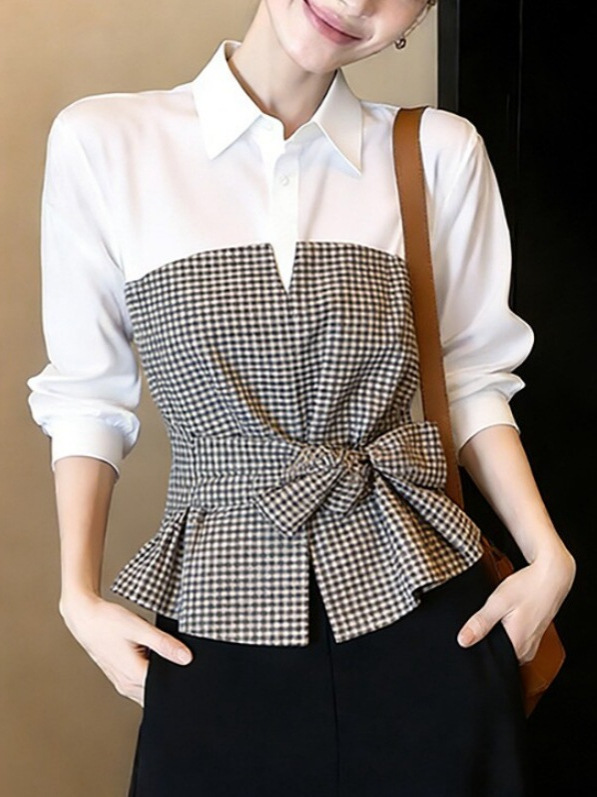 เสื้อเชิ้ตผ้ากิงแฮมสีขาวดำแบบใ - Women Formal Wear White Shirt บทวิจารณ์และราคา