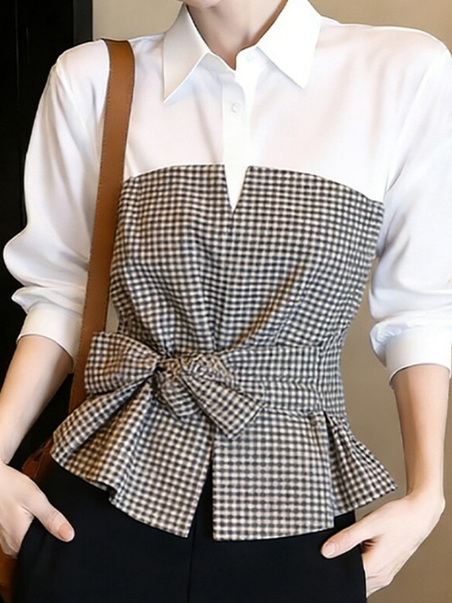 เสื้อเชิ้ตผ้ากิงแฮมสีขาวดำแบบใ - Women Formal Wear White Shirt บทวิจารณ์และราคา