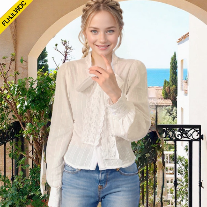 Retro Vintage Lace Bow Tie Top - Women Formal Wear White Shirt บทวิจารณ์และราคา