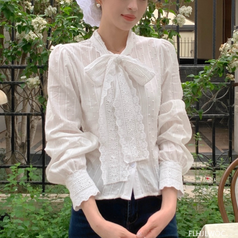 Retro Vintage Lace Bow Tie Top - Women Formal Wear White Shirt บทวิจารณ์และราคา